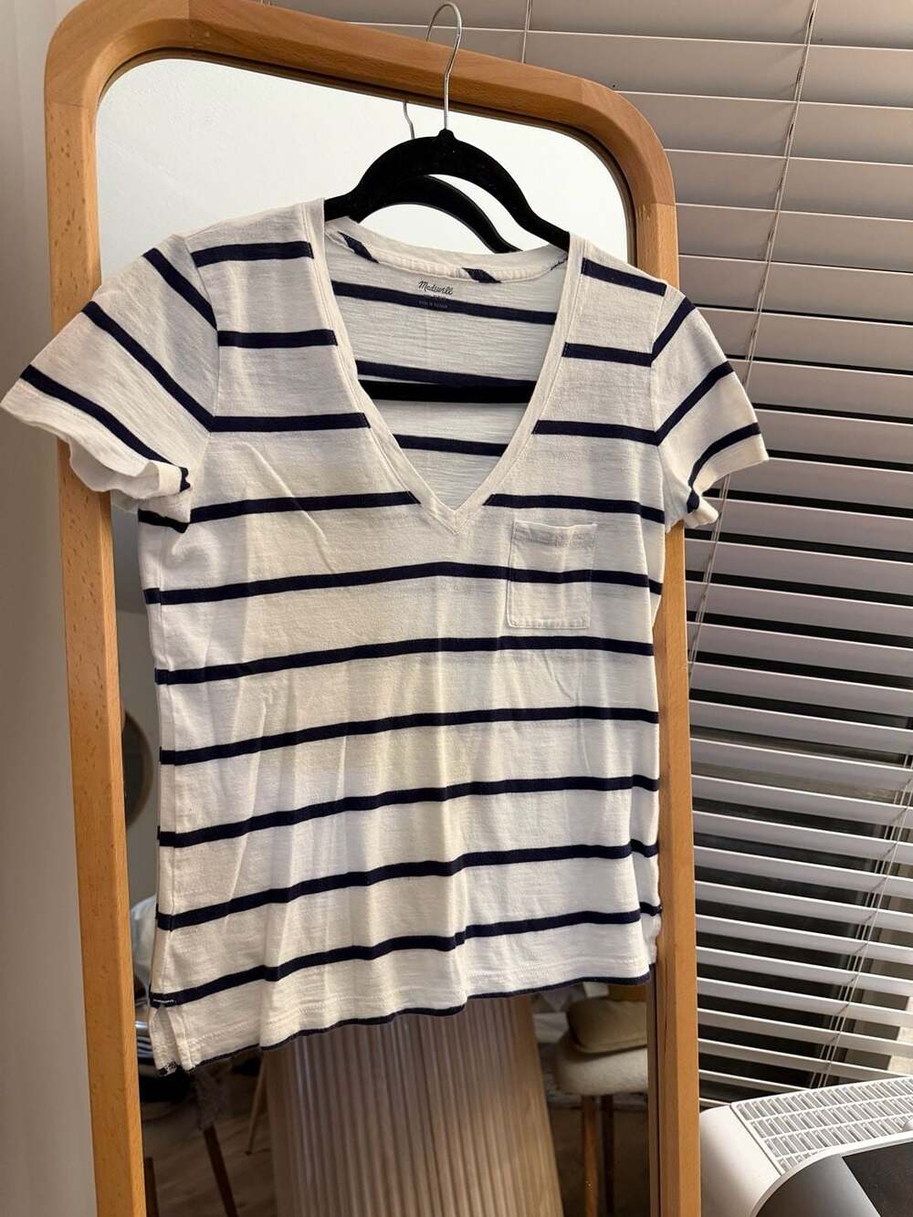 Madewell Whisper Cotton V-Neck Pocket Tee in White and Navy Stripe